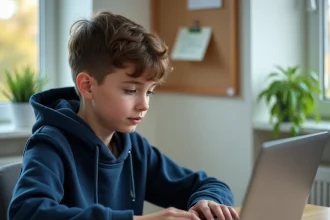 Adolescent utilisant un ordinateur portable sécurisé pour accéder à son ENT depuis sa chambre