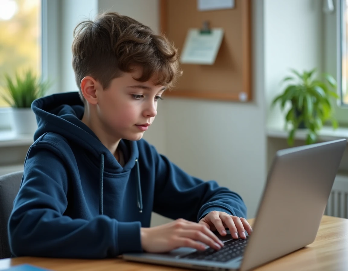 Adolescent utilisant un ordinateur portable sécurisé pour accéder à son ENT depuis sa chambre