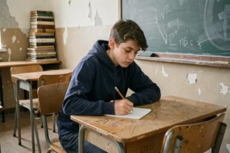 Adolescent découragé assis seul dans une salle de classe vétuste, symbolisant les inégalités scolaires et le déclassement silencieux
