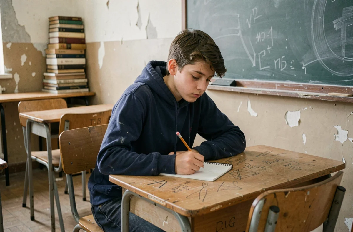 Adolescent découragé assis seul dans une salle de classe vétuste, symbolisant les inégalités scolaires et le déclassement silencieux