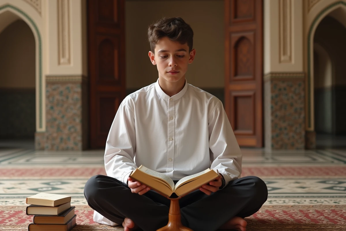 Adolescent lisant le Coran en arabe classique sur un support en bois dans une salle d'étude de mosquée