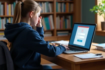 Adolescente frustrée devant son ordinateur portable affichant une erreur de connexion à un portail scolaire, bureau de chambre avec fournitures scolaires