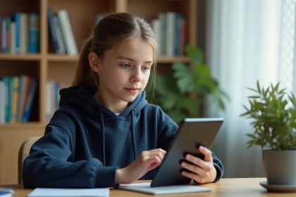 Adolescente consultant l'application Scolinfo sur une tablette pour gérer ses devoirs et notes scolaires