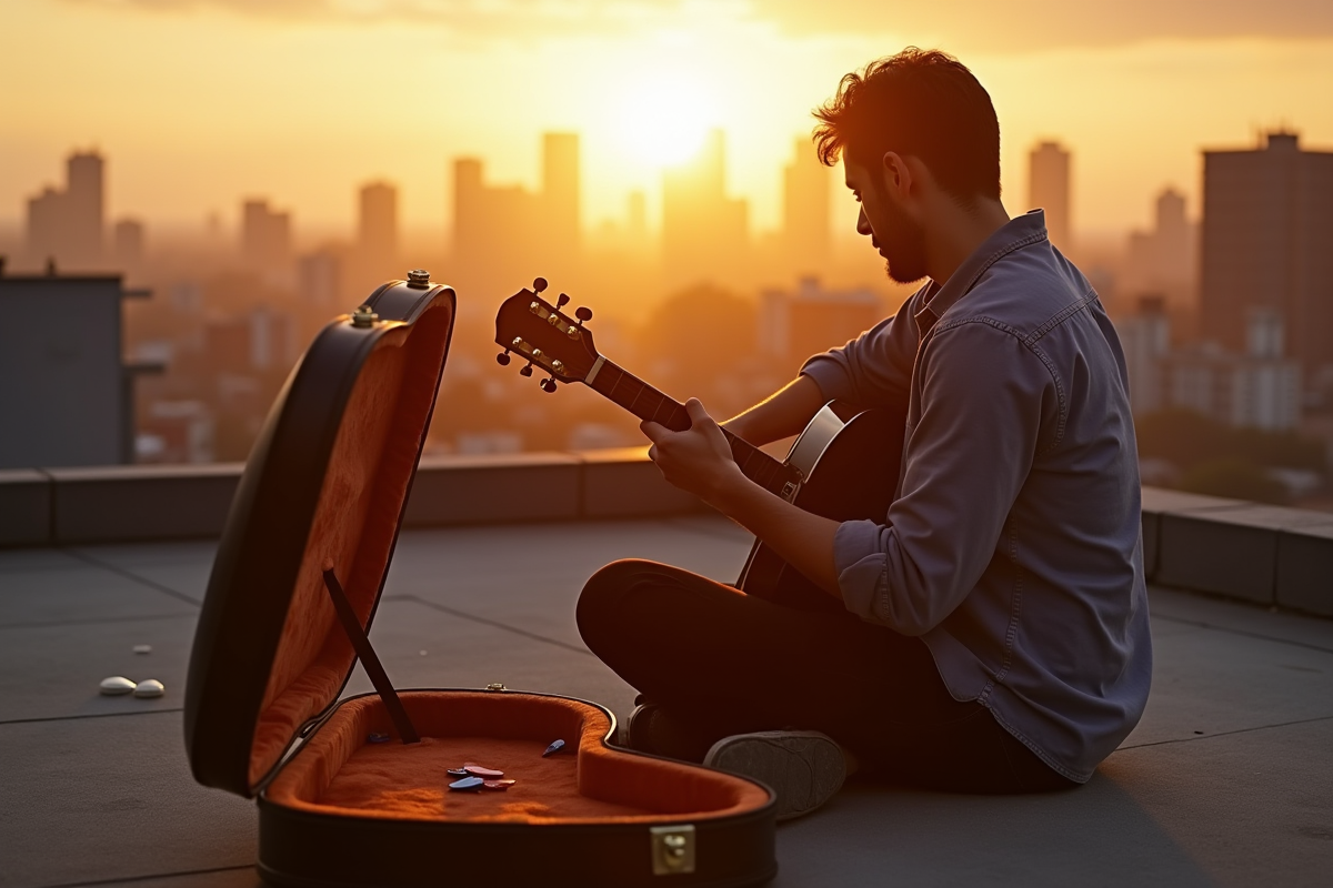 Adulte jouant de la guitare sur un toit au coucher du soleil