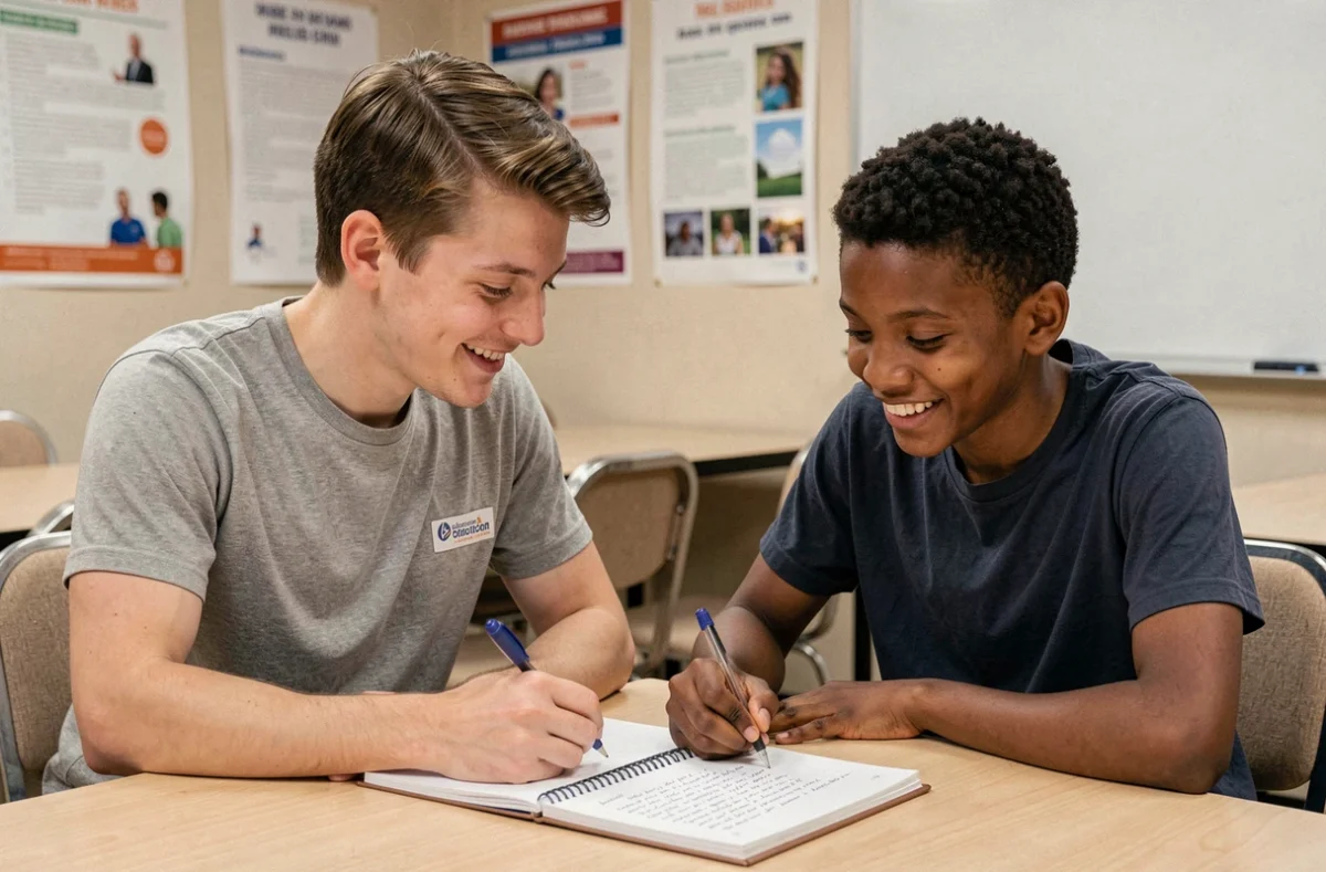 Bénévole de l'AFEV Lyon accompagnant un adolescent dans un centre communautaire lors d'une session de soutien scolaire solidaire