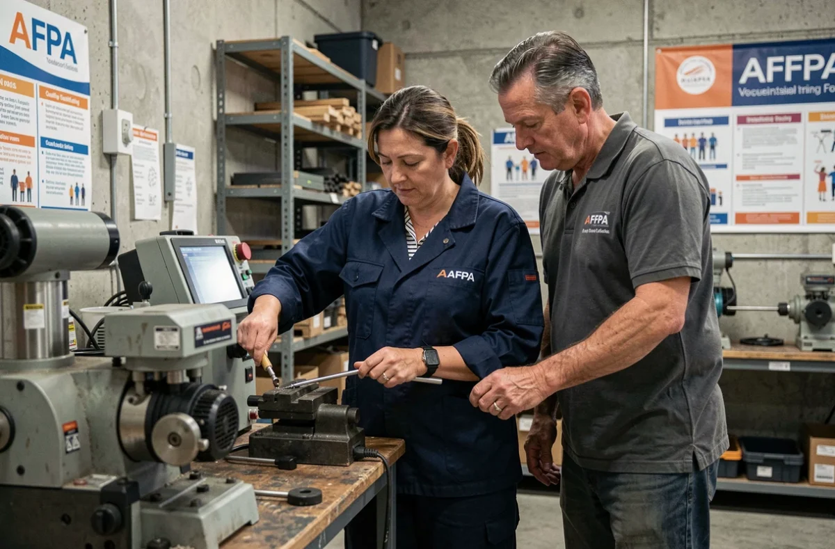 Femme adulte en reconversion professionnelle pratiquant une formation qualifiante dans un atelier technique de l'AFPA Grand Est, encadrée par un formateur expérimenté