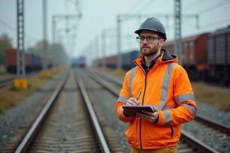 Agent ferroviaire homme en veste haute visibilité près des rails
