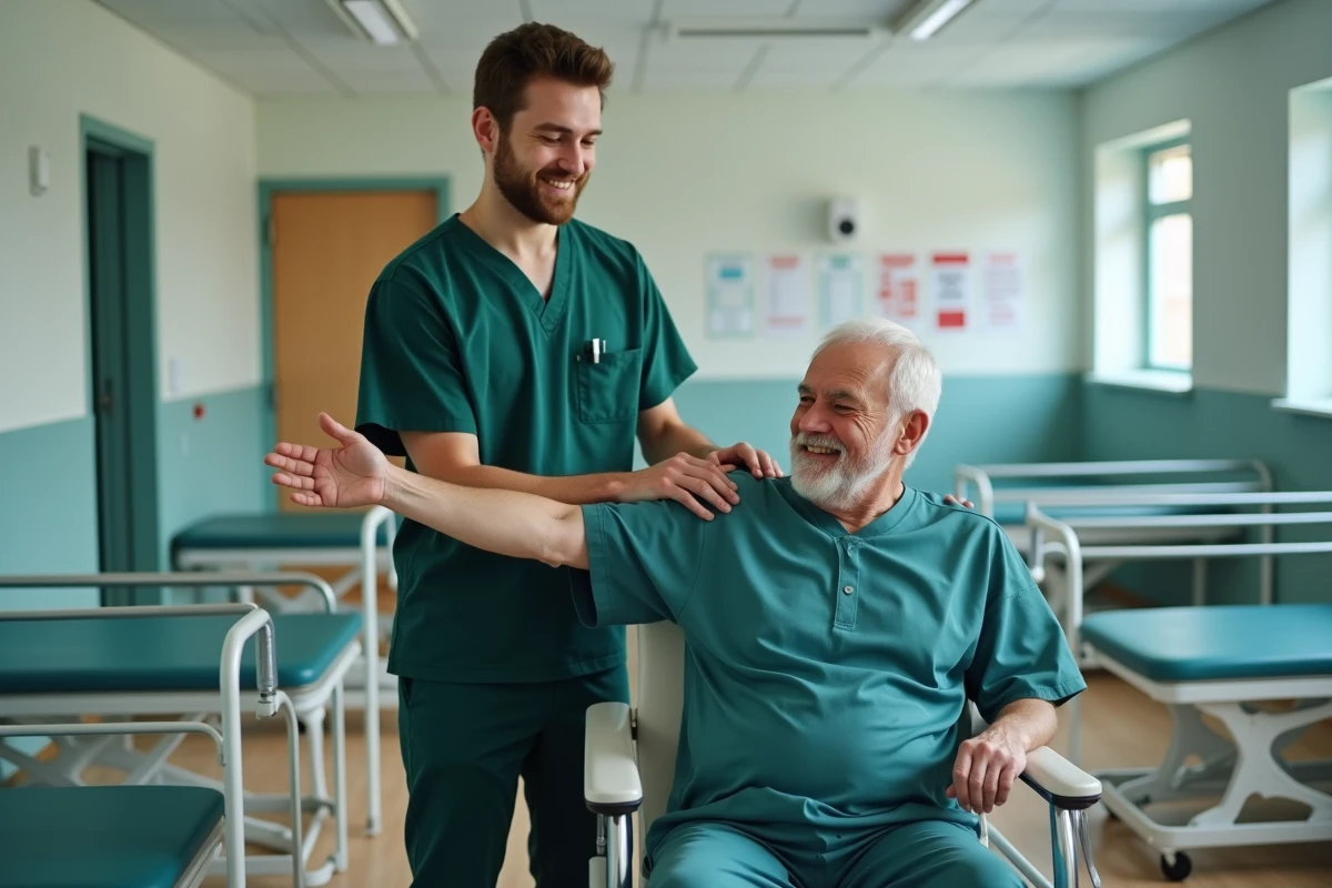 Aide-soignant aidant un patient âgé lors d'un exercice de rééducation dans une salle de soins