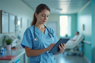Aide-soignante en blouse bleue consultant une tablette numérique au poste de soins d'un hôpital moderne