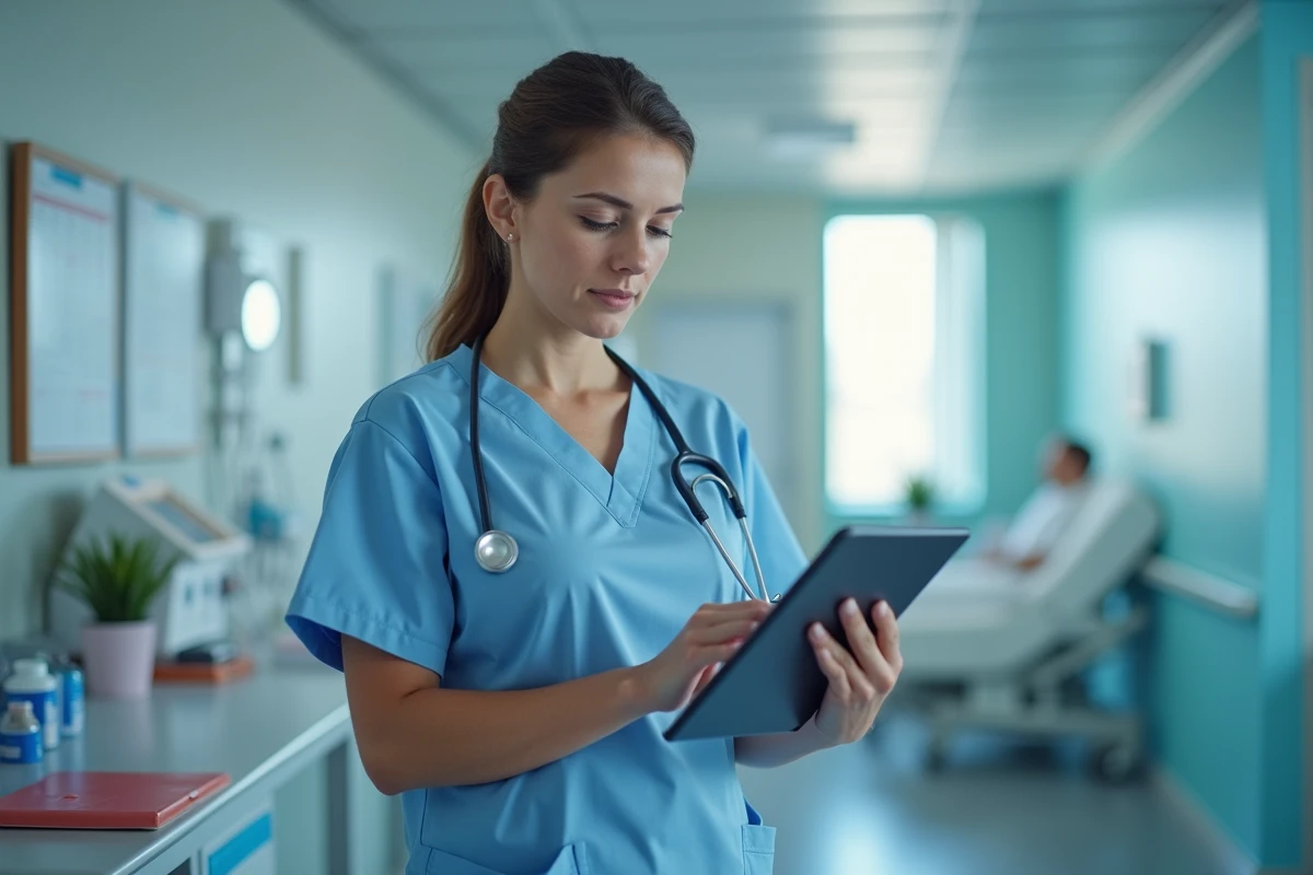 Aide-soignante en blouse bleue consultant une tablette numérique au poste de soins d'un hôpital moderne
