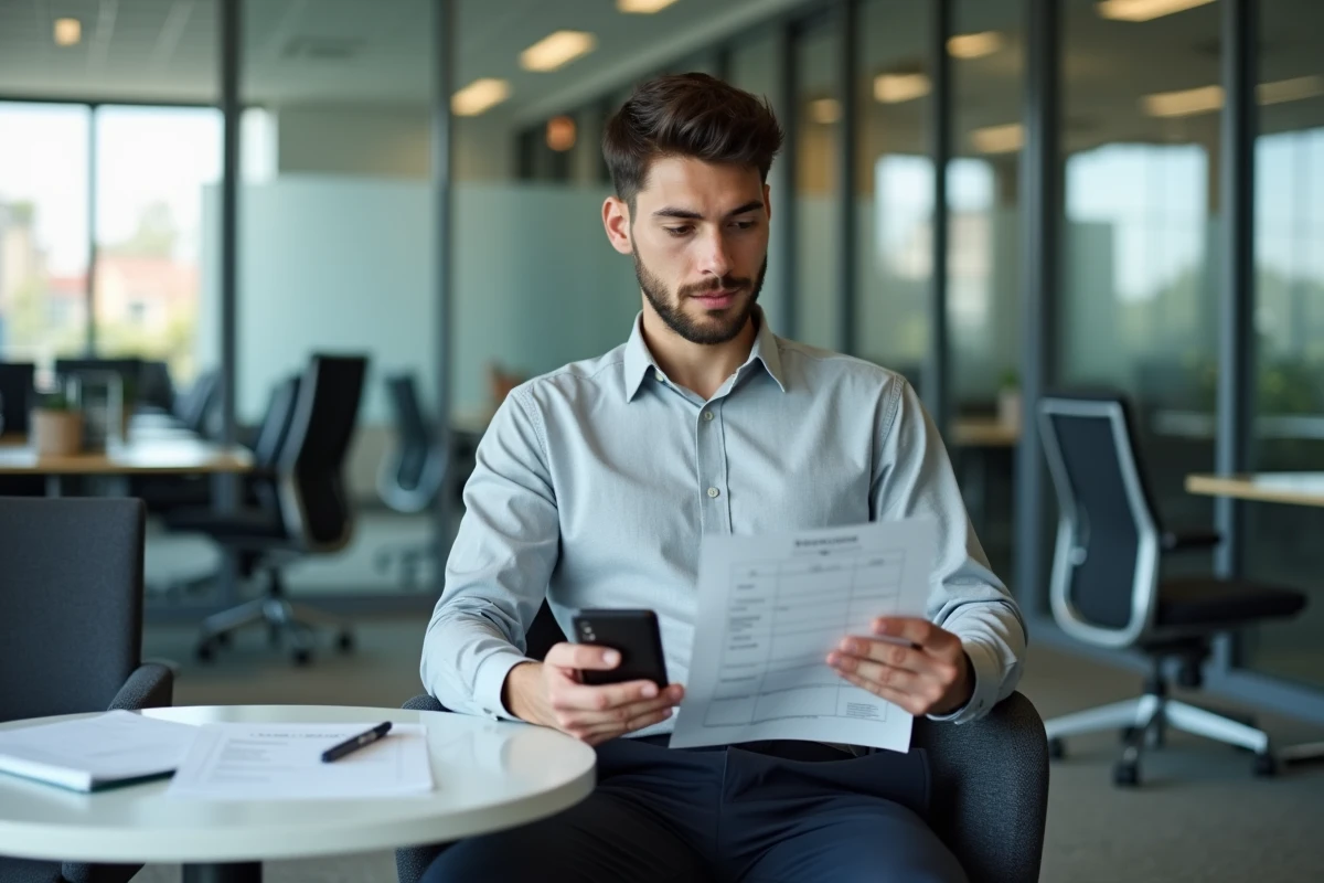 Jeune alternant en tenue professionnelle consultant son planning universitaire dans un espace de travail en open space, conciliant vie en entreprise et formation