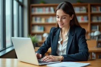 Alternante en blazer travaillant sur son ordinateur portable dans une bibliothèque universitaire moderne, gérant ses cours et obligations professionnelles sereinement