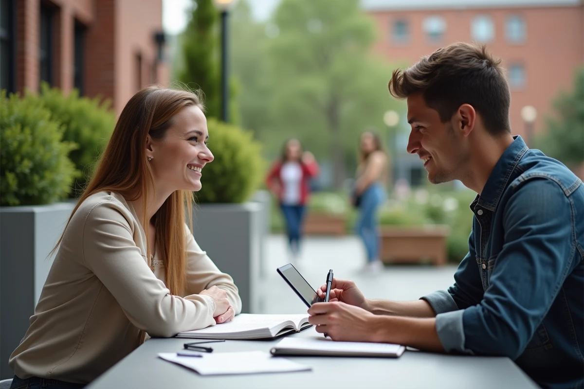 Deux alternants collaborant sur leur projet universitaire en terrasse sur un campus moderne, illustrant l'organisation entre formation et vie professionnelle
