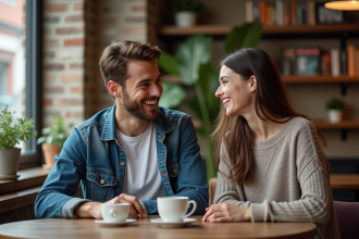 Deux amis discutent chaleureusement dans un café
