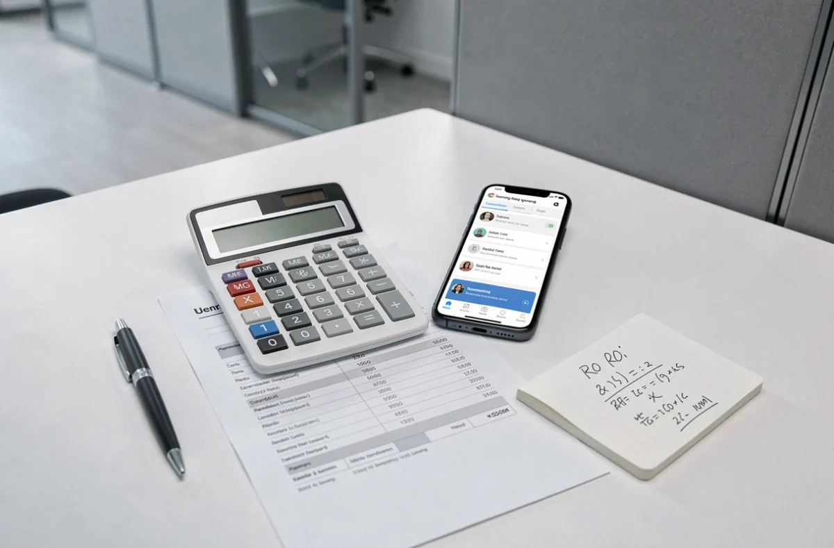 Analyse coût-bénéfice d'une formation en ligne IA avec calculatrice, facture imprimée et smartphone sur un bureau blanc