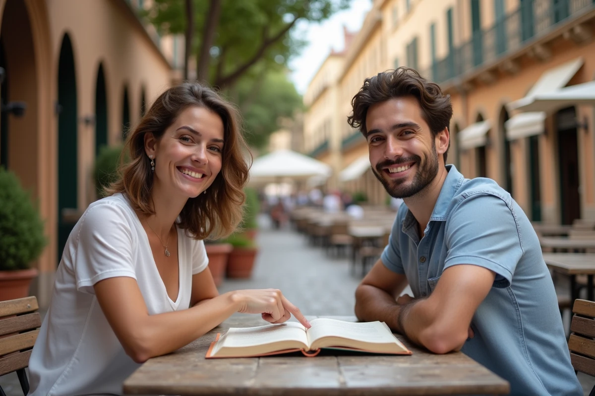 Deux amis pratiquant la conjugaison du verbe SER en espagnol ensemble autour d'un livre de grammaire à une terrasse de café