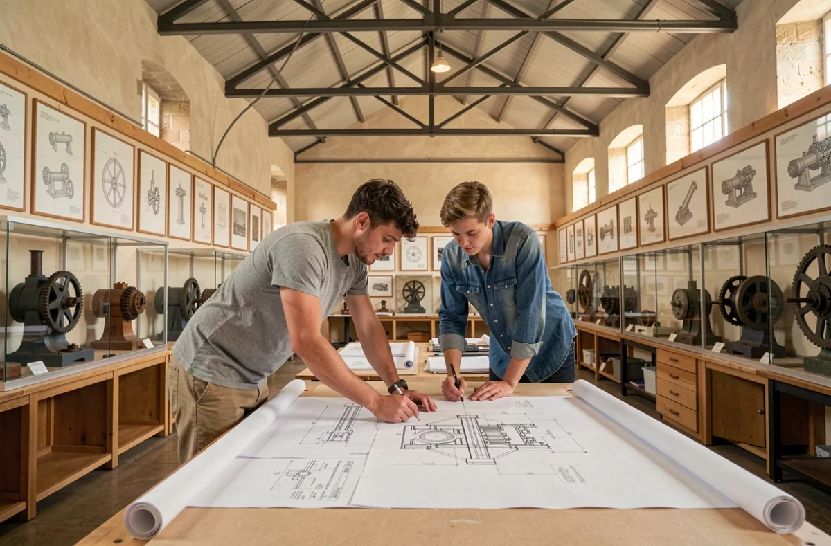 Étudiants d'Arts et Métiers campus Aix-en-Provence collaborant sur des plans mécaniques dans un studio de design industriel