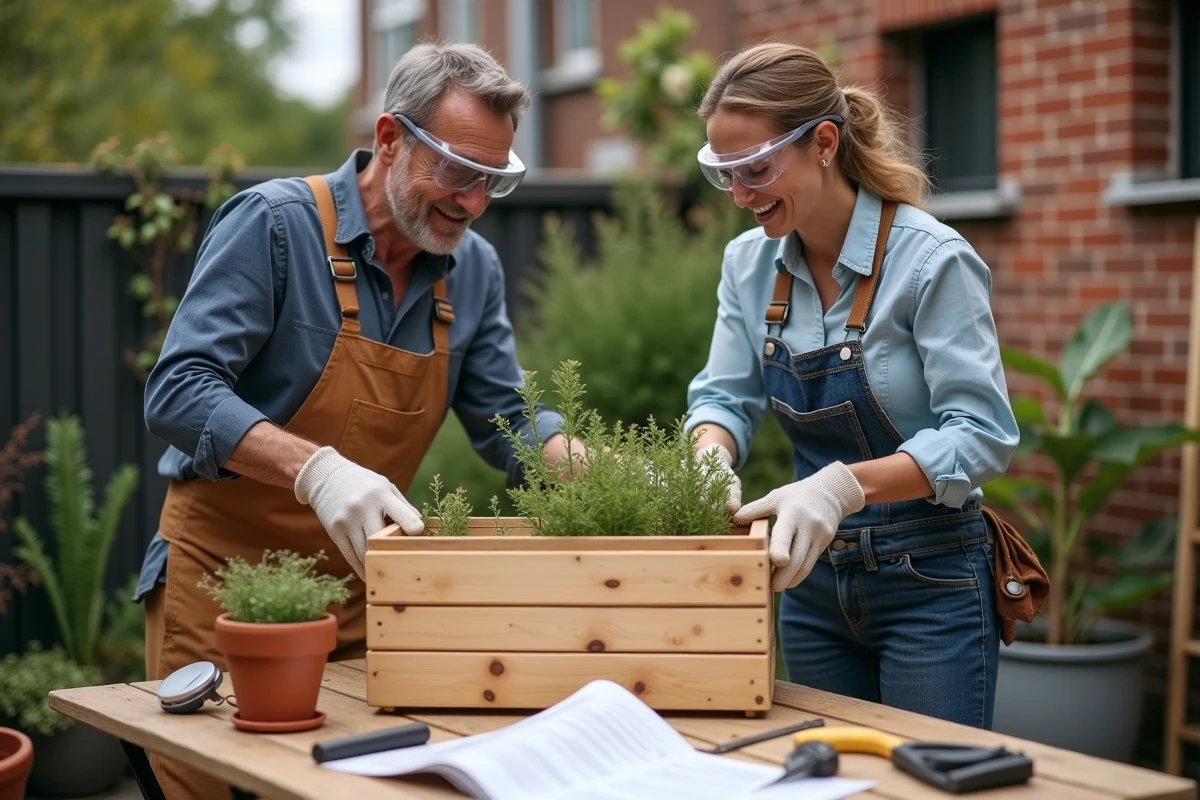 Deux adultes assemblant une jardinière en bois dans une cour urbaine lors d'un atelier bricolage pratique en dehors des heures de travail