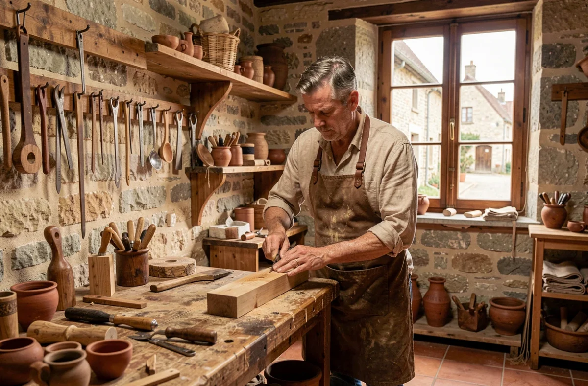Artisan travaillant le bois dans l'atelier authentique de L'Atelier Normand en Normandie