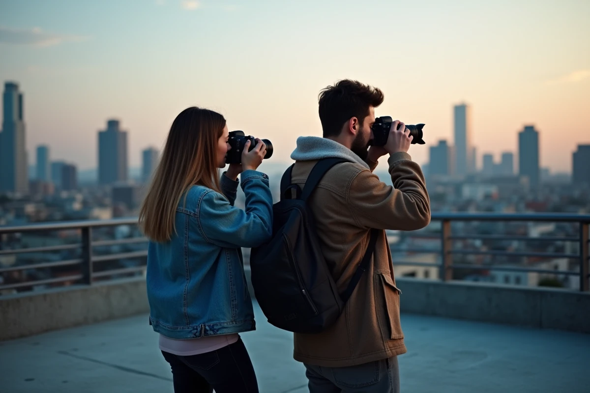 Deux participants à un atelier de photographie créative sur un toit urbain photographiant la skyline de la ville