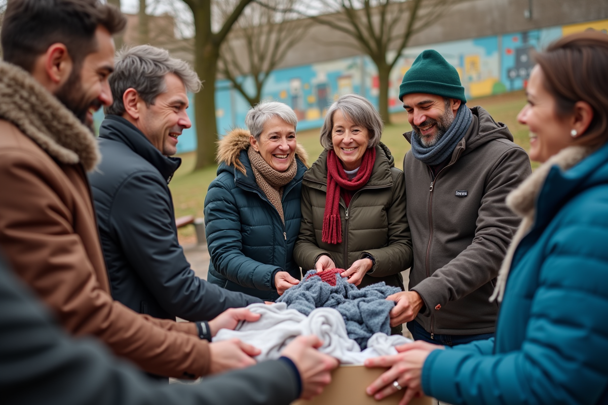 Volontaires distribuent des vêtements lors d
