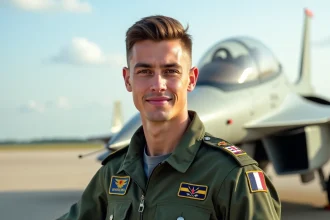 Cadet pilote de chasse en combinaison de vol devant un avion d'entraînement militaire sur un tarmac d'une base aérienne française