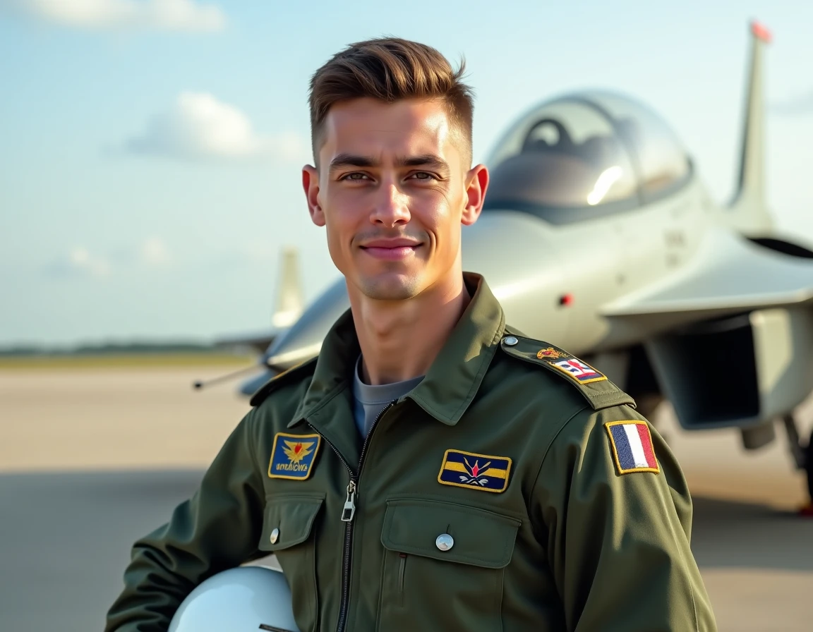 Cadet pilote de chasse en combinaison de vol devant un avion d'entraînement militaire sur un tarmac d'une base aérienne française