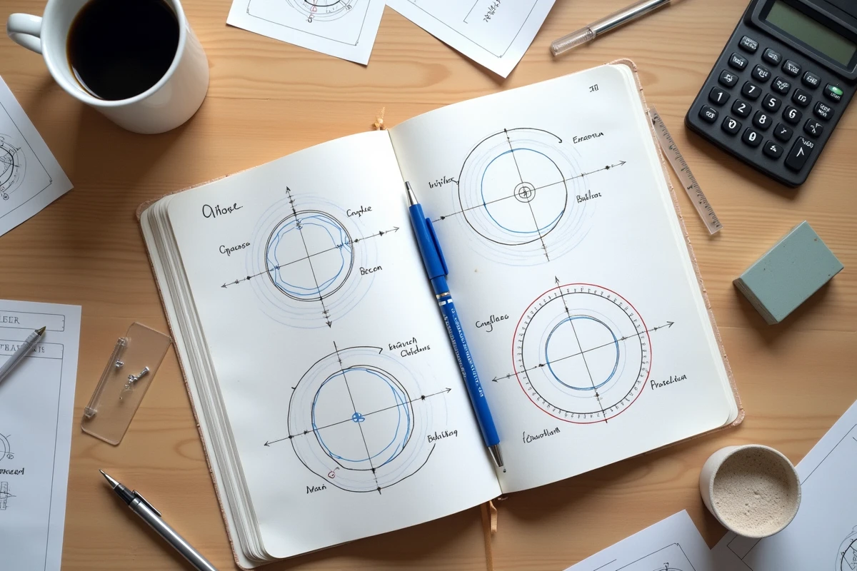 Vue aérienne d'un cahier de mathématiques ouvert avec des schémas du cercle trigonométrique et des annotations cos sin en rouge et bleu