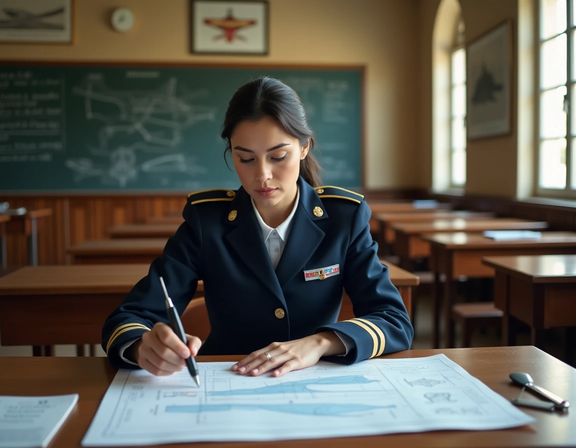 Candidate pilote de chasse en uniforme militaire étudiant des cartes aéronautiques dans une salle de classe d'académie militaire