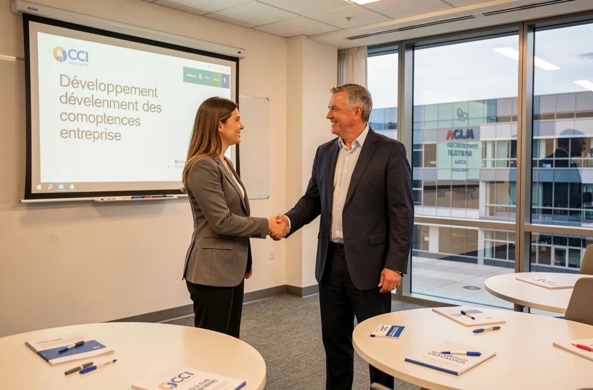 Deux professionnels en formation dans une salle de la CCI Formation Grand Est, symbolisant le développement des compétences en entreprise