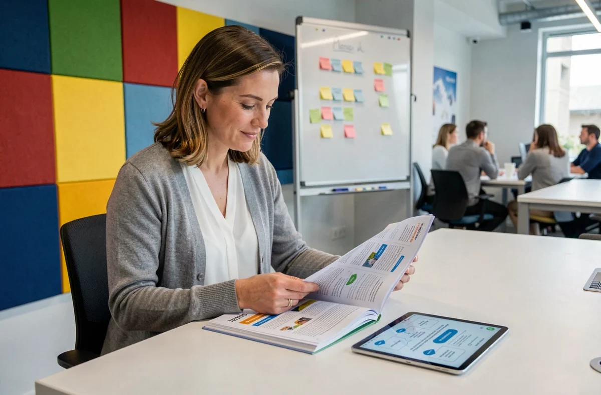 Femme consultant un catalogue de formation Cegos et un parcours certifiant sur tablette dans un espace de formation moderne et coloré