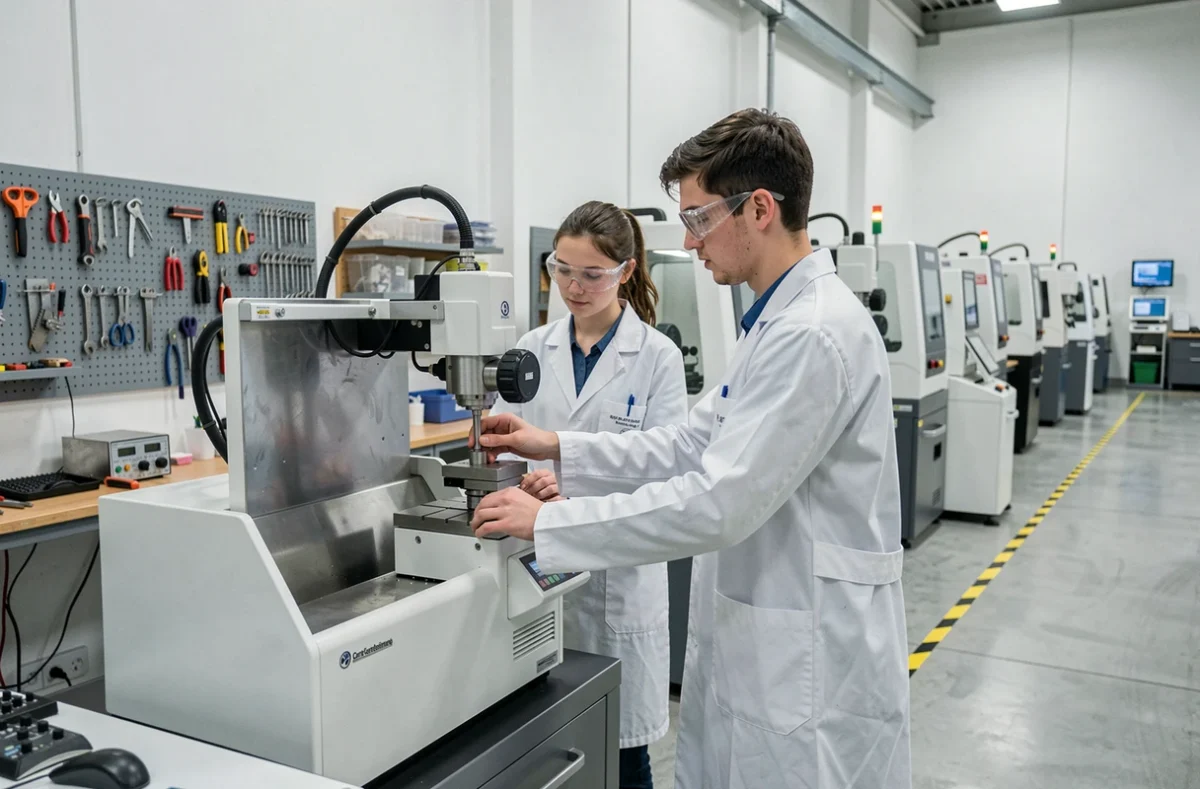 Étudiants de Centrale Méditerranée opérant une machine CNC dans un atelier industriel universitaire à Marseille