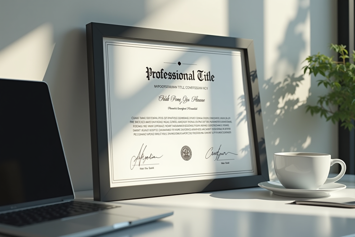 Certificat professionnel encadré sur un bureau avec ordinateur et café