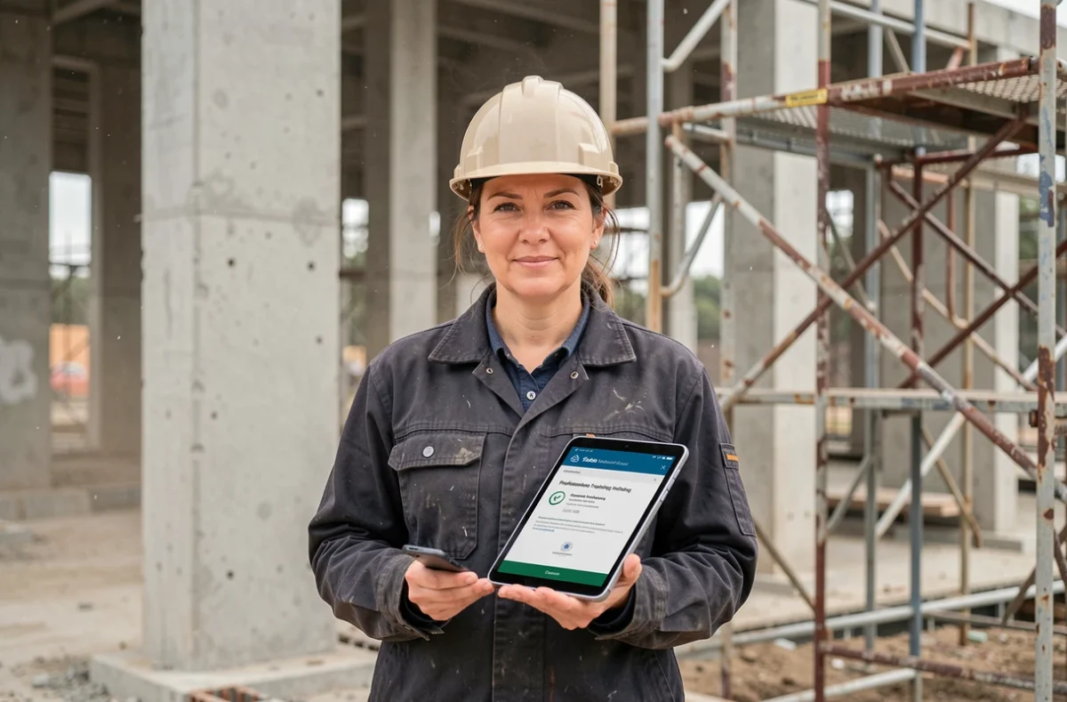 Chef de chantier féminine consulte sa certification BTP CPF sur tablette numérique sur un site de construction actif