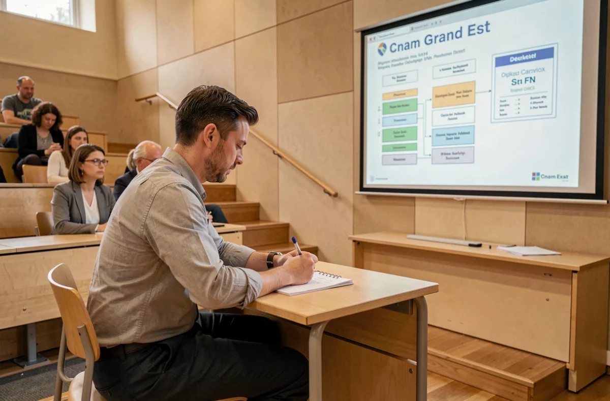 Homme adulte prenant des notes dans un amphithéâtre universitaire lors d'une formation continue diplômante au Cnam Grand Est