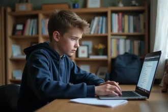 Collégien frustré devant un écran d'erreur de l'ENT sur son ordinateur portable
