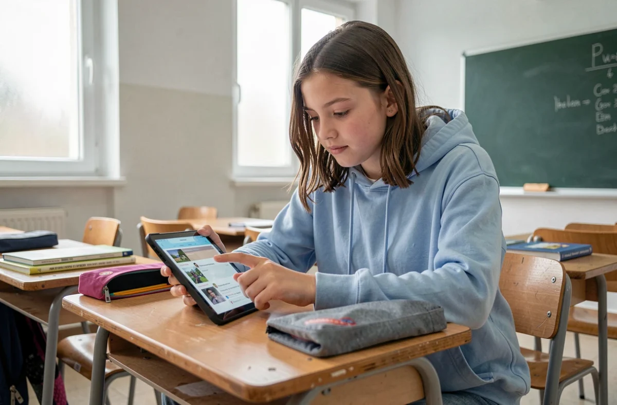 Collégienne consultant les notifications de Paris Classe Numérique sur une tablette en classe