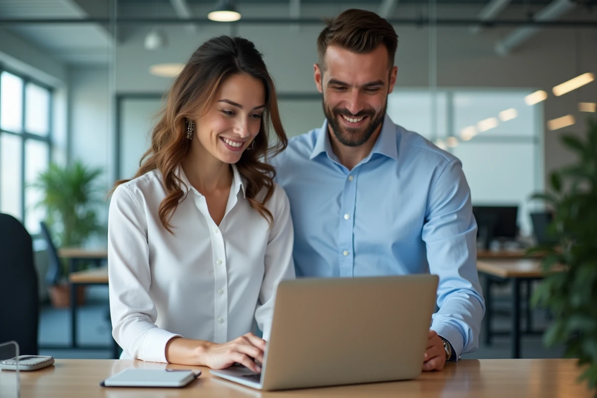 Deux collègues optimisant l'affichage d'un portail éducatif sur ordinateur portable dans un bureau moderne