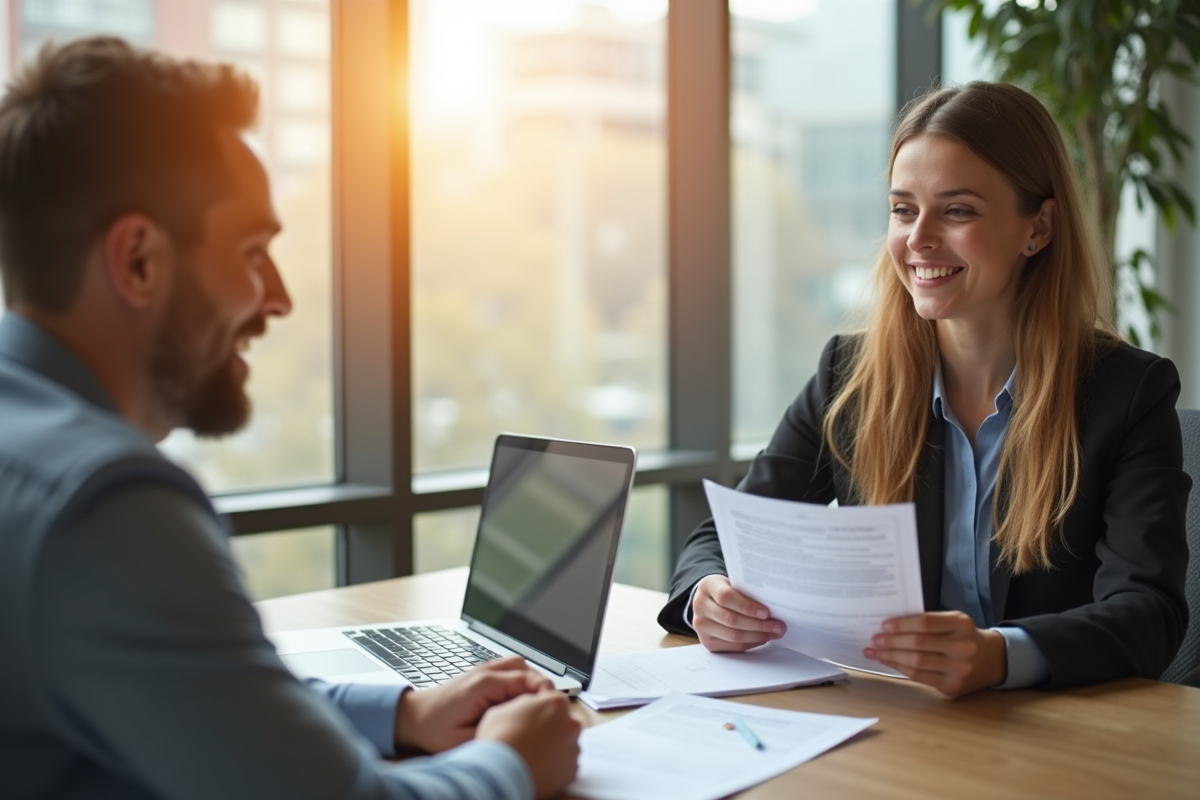 Conseiller emploi souriant discutant avec un demandeur d