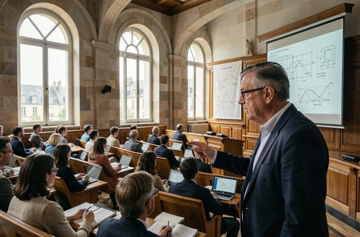 Professeur du Conservatoire National des Arts et Métiers de Normandie donnant un cours dans un amphithéâtre académique
