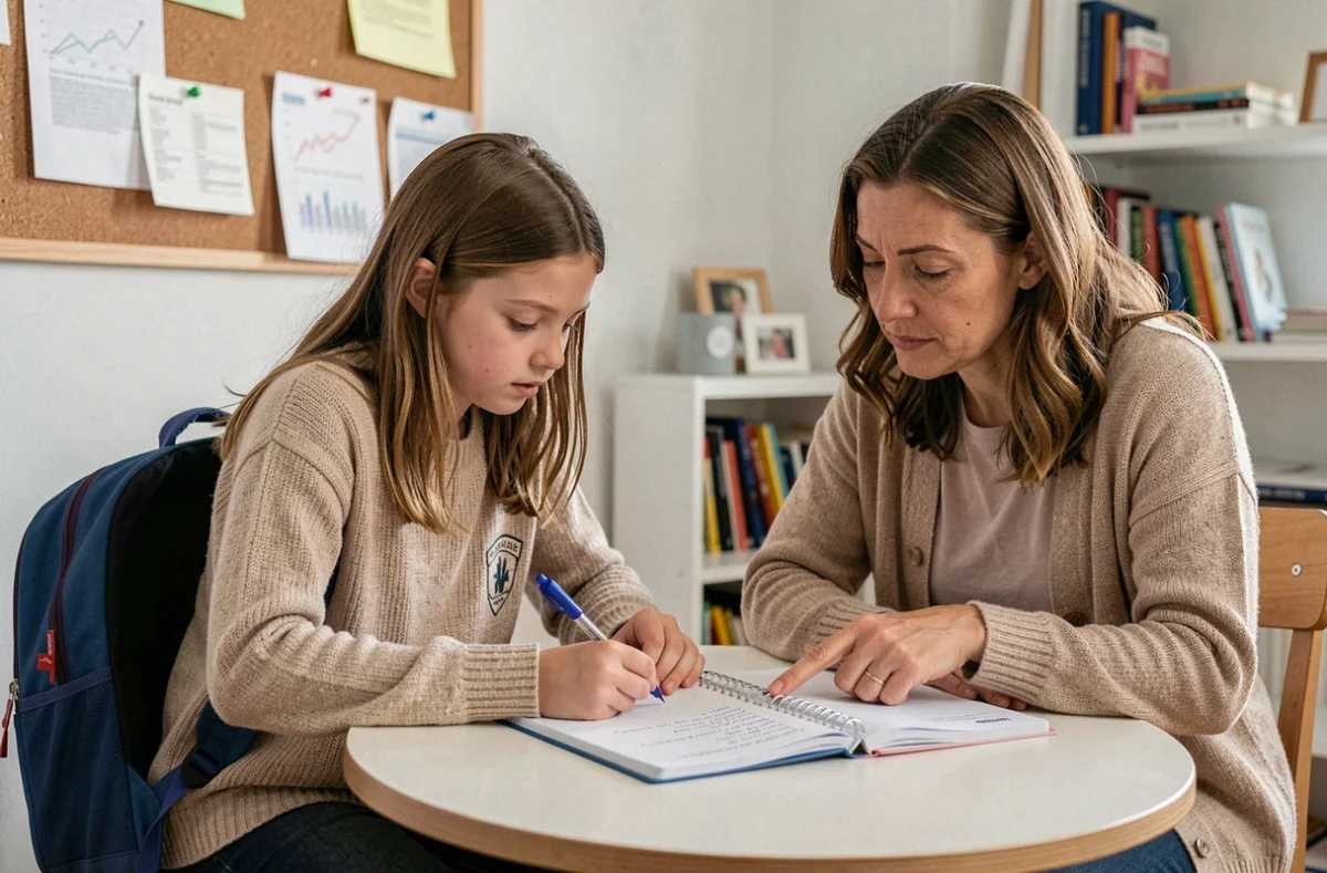 Éducatrice de Cours Ado guidant une jeune élève avec un cahier d'exercices personnalisé dans le Rhône
