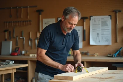 Homme adulte apprenant le bricolage dans un atelier à domicile après le travail, mesurant une planche de bois sur un établi organisé