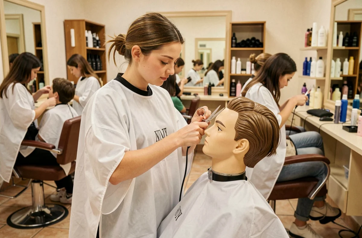 Étudiante en coiffure pratiquant une coupe sur mannequin aux Cours Caennais Esthétique et Coiffure