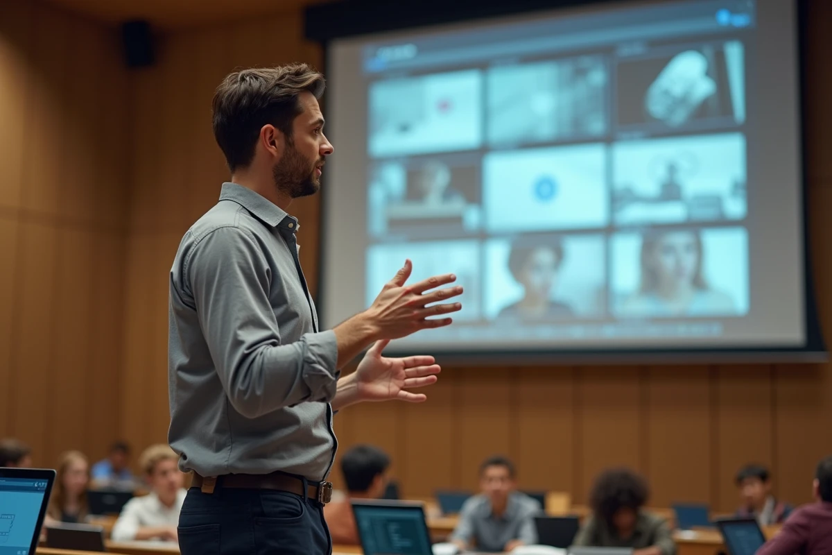 Professionnel présentant des story-boards de motion design lors d'un cours magistral à l'école Gobelins