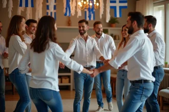 Groupe de jeunes dansant le sirtaki lors d'une fête grecque intérieure