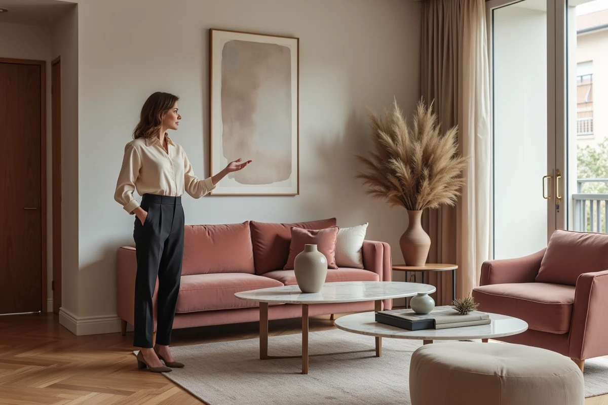 Décoratrice professionnelle présentant un appartement entièrement aménagé après sa formation en décoration intérieure