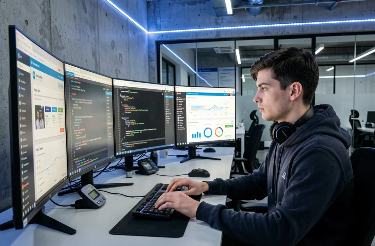 Étudiant en formation numérique devant des écrans de code à la Digibase Academy dans le Calvados