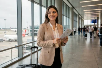 Jeune diplômée BTS Tourisme à l'aéroport international avec passeport et valise, prête à partir à l'étranger après ses études