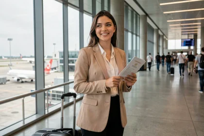 Jeune diplômée BTS Tourisme à l'aéroport international avec passeport et valise, prête à partir à l'étranger après ses études