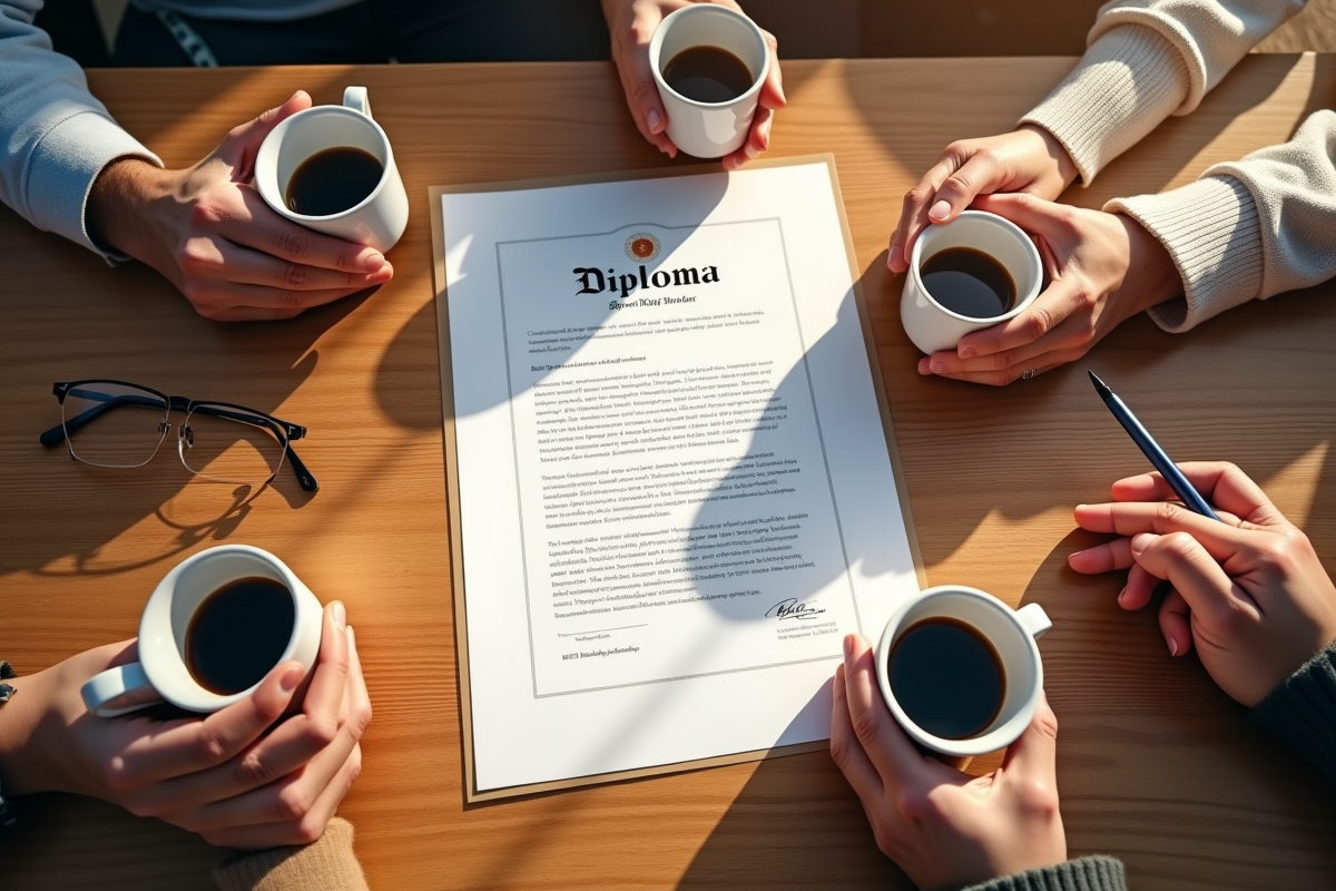 Certificat de diplome avec mains de différentes nationalites tenant stylos